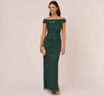 Adrianna Papell Wedding Guest Dresses|Formal Dresses*Off Shoulder Dress With Floral Embellishment In Dusty Emerald
