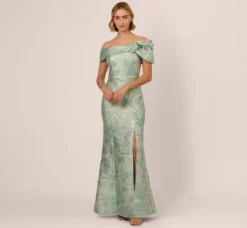 Adrianna Papell Wedding Guest Dresses|Formal Dresses*Off Shoulder Floral Jacquard Mermaid Gown In Icy Sage