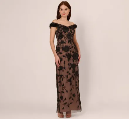 Adrianna Papell Wedding Guest Dresses|Formal Dresses*Off The Shoulder Beaded Column Gown With Rosette Accents In Black Rosegold