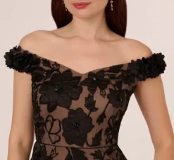 Adrianna Papell Wedding Guest Dresses|Formal Dresses*Off The Shoulder Beaded Column Gown With Rosette Accents In Black Rosegold