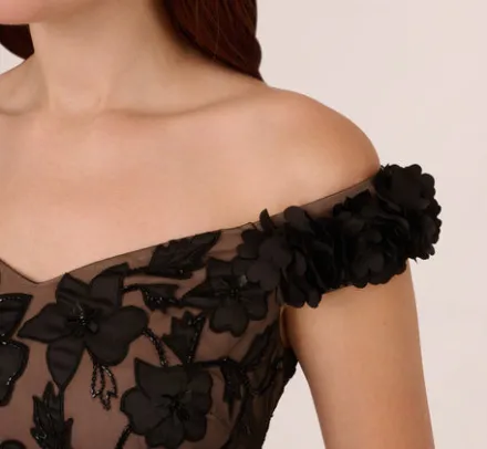 Adrianna Papell Wedding Guest Dresses|Formal Dresses*Off The Shoulder Beaded Column Gown With Rosette Accents In Black Rosegold