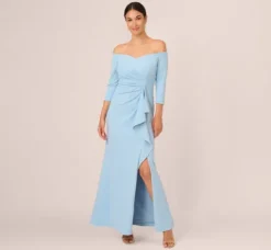 Adrianna Papell Wedding Guest Dresses|Ap Exclusives*Off The Shoulder Cascading Ruffle Gown In Blue Mist