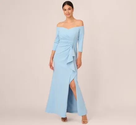 Adrianna Papell Wedding Guest Dresses|Ap Exclusives*Off The Shoulder Cascading Ruffle Gown In Blue Mist