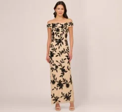 Adrianna Papell Wedding Guest Dresses|Formal Dresses*Off The Shoulder Column Gown With Leaf Beading In Black Nude