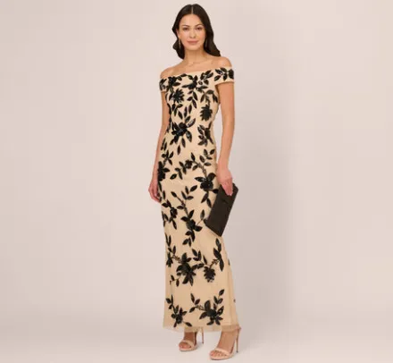 Adrianna Papell Wedding Guest Dresses|Formal Dresses*Off The Shoulder Column Gown With Leaf Beading In Black Nude
