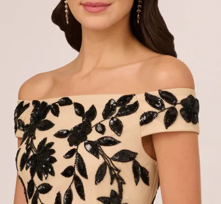 Adrianna Papell Wedding Guest Dresses|Formal Dresses*Off The Shoulder Column Gown With Leaf Beading In Black Nude