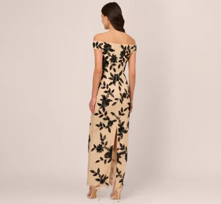 Adrianna Papell Wedding Guest Dresses|Formal Dresses*Off The Shoulder Column Gown With Leaf Beading In Black Nude