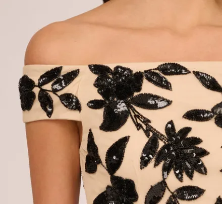 Adrianna Papell Wedding Guest Dresses|Formal Dresses*Off The Shoulder Column Gown With Leaf Beading In Black Nude