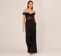 Adrianna Papell Jumpsuits*Off The Shoulder Jumpsuit With Sheer Corset Bodice In