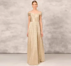Adrianna Papell Wedding Guest Dresses|Formal Dresses*Off The Shoulder Metallic Foiled Metallic Pleated Mesh Long A-Line Ball Gown In