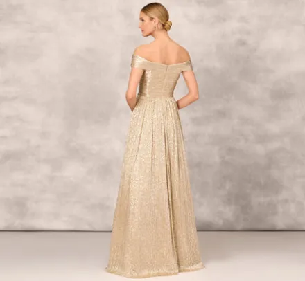 Adrianna Papell Wedding Guest Dresses|Formal Dresses*Off The Shoulder Metallic Foiled Metallic Pleated Mesh Long A-Line Ball Gown In