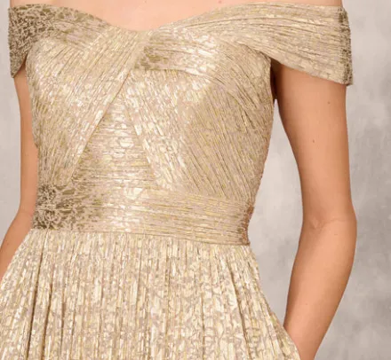 Adrianna Papell Wedding Guest Dresses|Formal Dresses*Off The Shoulder Metallic Foiled Metallic Pleated Mesh Long A-Line Ball Gown In