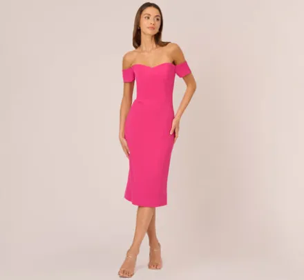Adrianna Papell Wedding Guest Dresses|Ap Exclusives*Off The Shoulder Midi Dress With Sweetheart Neckline In Brilliant Fuchsia