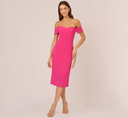Adrianna Papell Wedding Guest Dresses|Ap Exclusives*Off The Shoulder Midi Dress With Sweetheart Neckline In Brilliant Fuchsia