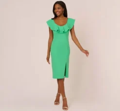 Adrianna Papell Wedding Guest Dresses|Day Dresses*Off The Shoulder Midi Dress With Ruffle Details In Flora Green