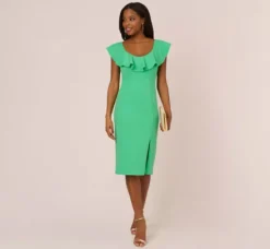 Adrianna Papell Wedding Guest Dresses|Day Dresses*Off The Shoulder Midi Dress With Ruffle Details In Flora Green