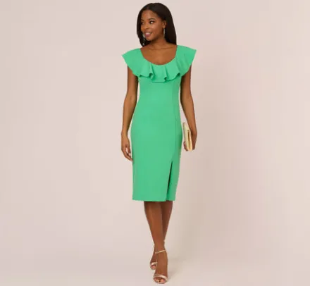 Adrianna Papell Wedding Guest Dresses|Day Dresses*Off The Shoulder Midi Dress With Ruffle Details In Flora Green