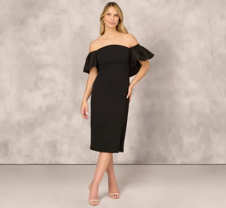 Adrianna Papell Wedding Guest Dresses|Petite-Friendly*Off The Shoulder Midi Dress With Organza Bubble Sleeves In