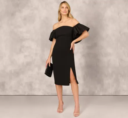 Adrianna Papell Wedding Guest Dresses|Petite-Friendly*Off The Shoulder Midi Dress With Organza Bubble Sleeves In