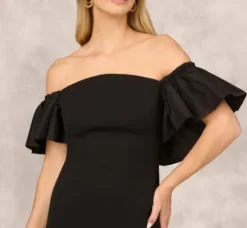 Adrianna Papell Wedding Guest Dresses|Petite-Friendly*Off The Shoulder Midi Dress With Organza Bubble Sleeves In