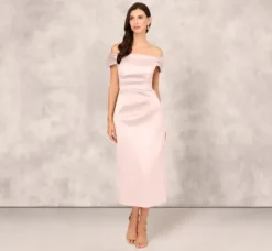 Adrianna Papell Wedding Guest Dresses|Petite-Friendly*Off The Shoulder Mikado Midi Dress With Pleat Details In Pale Blush