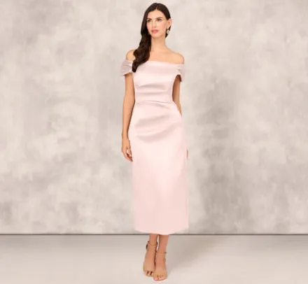 Adrianna Papell Wedding Guest Dresses|Petite-Friendly*Off The Shoulder Mikado Midi Dress With Pleat Details In Pale Blush