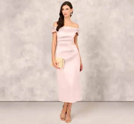 Adrianna Papell Wedding Guest Dresses|Petite-Friendly*Off The Shoulder Mikado Midi Dress With Pleat Details In Pale Blush