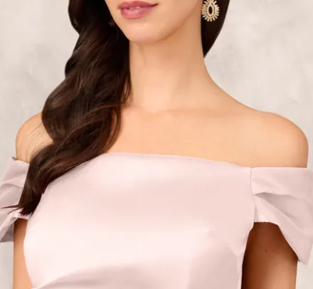Adrianna Papell Wedding Guest Dresses|Petite-Friendly*Off The Shoulder Mikado Midi Dress With Pleat Details In Pale Blush