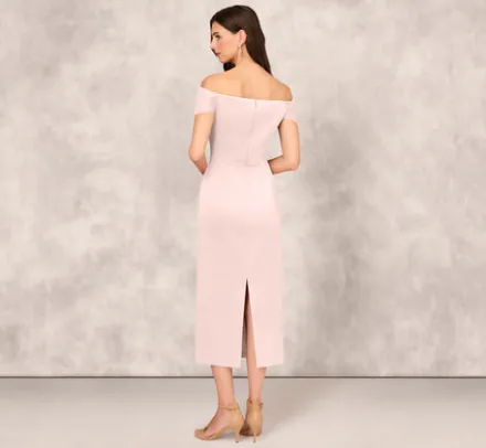 Adrianna Papell Wedding Guest Dresses|Petite-Friendly*Off The Shoulder Mikado Midi Dress With Pleat Details In Pale Blush