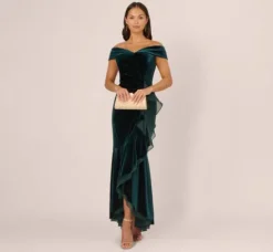 Adrianna Papell Wedding Guest Dresses|Formal Dresses*Off The Shoulder Velvet Mermaid Gown With Organza Ruffle In