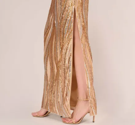 Adrianna Papell Wedding Guest Dresses|Formal Dresses*One Shoulder Abstract Sequin Gown In Champagne Gold Multi