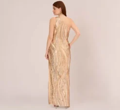 Adrianna Papell Wedding Guest Dresses|Formal Dresses*One Shoulder Abstract Sequin Gown In Champagne Gold Multi