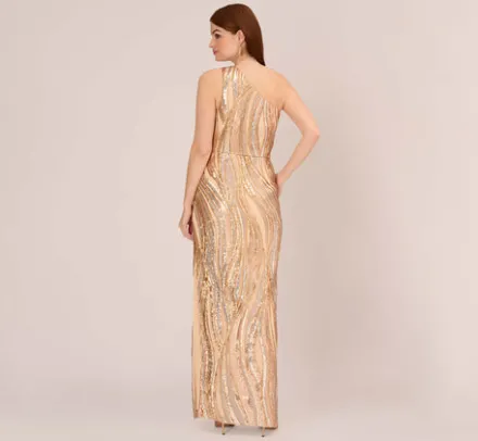 Adrianna Papell Wedding Guest Dresses|Formal Dresses*One Shoulder Abstract Sequin Gown In Champagne Gold Multi