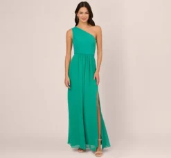 Adrianna Papell Wedding Guest Dresses|Formal Dresses*One-Shoulder Chiffon Long Gown In Botanic Green