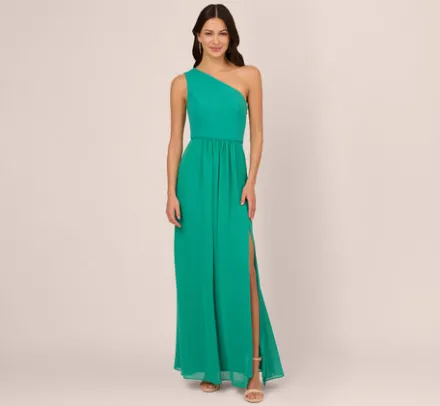 Adrianna Papell Wedding Guest Dresses|Formal Dresses*One-Shoulder Chiffon Long Gown In Botanic Green