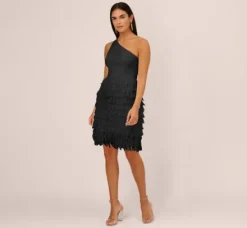 Adrianna Papell Wedding Guest Dresses*One Shoulder Cocktail Dress With Feather Chiffon Skirt In