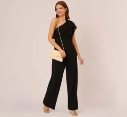 Adrianna Papell Jumpsuits|Day Dresses*One Shoulder Crepe Jumpsuit With Lace Ruffle Details In