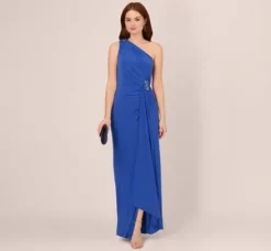 Adrianna Papell Wedding Guest Dresses|Formal Dresses*One Shoulder Draped Jersey Gown With Floral Sequin Accents In Brilliant Sapphire