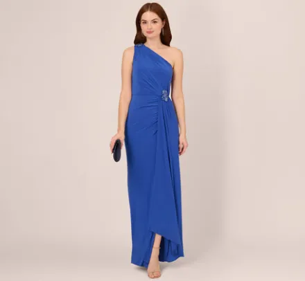 Adrianna Papell Wedding Guest Dresses|Formal Dresses*One Shoulder Draped Jersey Gown With Floral Sequin Accents In Brilliant Sapphire