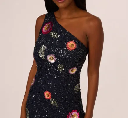 Adrianna Papell Wedding Guest Dresses|Formal Dresses*One Shoulder Floral Bead Dress In Navy Multi