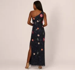 Adrianna Papell Wedding Guest Dresses|Formal Dresses*One Shoulder Floral Bead Dress In Navy Multi