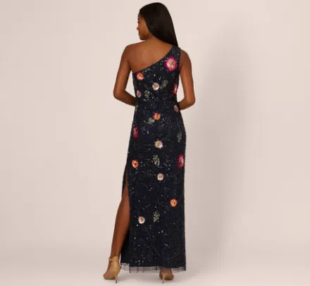 Adrianna Papell Wedding Guest Dresses|Formal Dresses*One Shoulder Floral Bead Dress In Navy Multi
