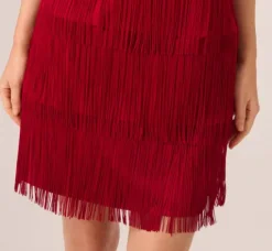 Adrianna Papell Wedding Guest Dresses*One Shoulder Fringe Mini Dress In Matador Red