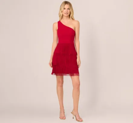 Adrianna Papell Wedding Guest Dresses*One Shoulder Fringe Mini Dress In Matador Red