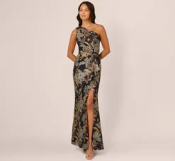 Adrianna Papell Wedding Guest Dresses|Formal Dresses*One Shoulder Jacquard Dress In Blue Gold