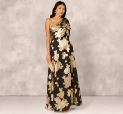 Adrianna Papell Wedding Guest Dresses|Formal Dresses*One Shoulder Jacquard Gown In Black Gold