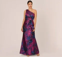 Adrianna Papell Wedding Guest Dresses|Formal Dresses*One Shoulder Jacquard Mermaid Gown With Drape Detail In Navy Orchid
