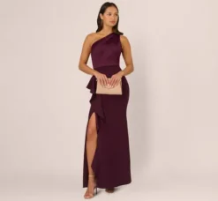 Adrianna Papell Wedding Guest Dresses|Formal Dresses*One-Shoulder Long Satin Crepe Mermaid Gown In Bordeaux Glow