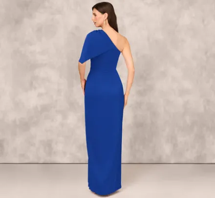 Adrianna Papell Wedding Guest Dresses|Formal Dresses*One Shoulder Satin Crepe Gown With Bead Trim Cape Sleeve In Royal Sapphire
