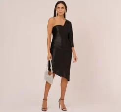 Adrianna Papell Wedding Guest Dresses|Petite-Friendly*One Shoulder Satin Midi Dress With Three-Quarter Sleeve In
